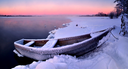 Winter Morning - boat, splendor, landscape, snow, winter morning, sunrise, pink, winter splendor, view, lake, sky, clouds, trees, winter, water, beautiful, snowy, beauty, colors, morning, lovely, tree, boats, frozen, nature, winter time, cold, peaceful