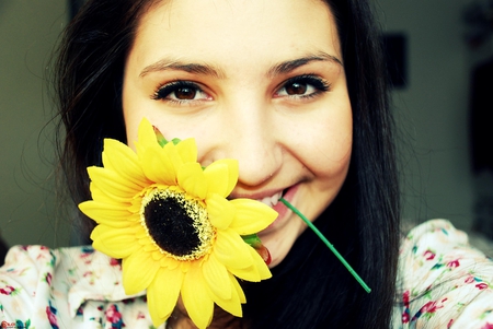 flower girl - nice, yellow flower, young, girl, eyes, cute, black hair, flower