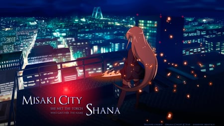 Misaki city - anime, girl, landscape, shana, city, night, red hair, fire, view