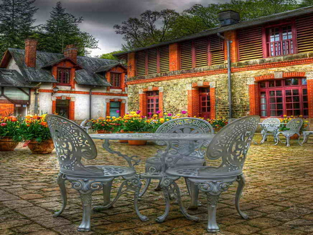 Table for morning coffee - clouds, house, coffee, beautiful, chairs, table, terrace, tea, morning, pleasure, flowers, day, sky