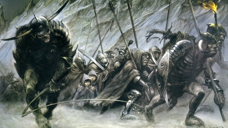 Forced March - abstract, fantasy, tolkien, artwork, pippin, hobbits, merry, orcs