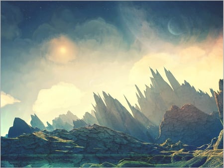 friendly suns - sky, art, sun, mountains, planet