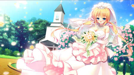 Mana Kazamatsuri - girl, pretty, game, wedding dress, flower, cg, blonde