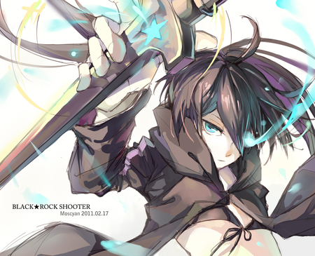 black rock shooter - cap, katana, blue eyes, long hair, black, black hair