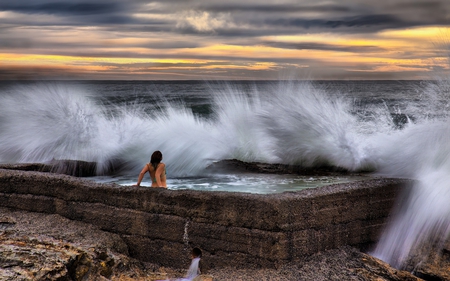 wave attacking a girl - sky, girl, pool, wave