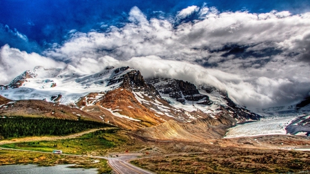 cloud on a mount - bus, cloud, road, mountain