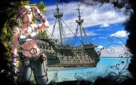 pirate two - ship, girl, trees, clouds, water