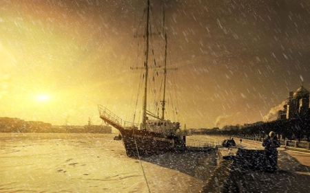 Frozen day sunlight - pic, yellow, snow, photo, place, sky, sun, sunlight, image, photography, ship, sea, gold, photograph, frozen, picture, snowing, day, wall, wallpaper