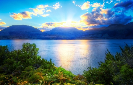 reflections on a lake - sky, lake, photography, sun, water, nature, clouds, blue, green