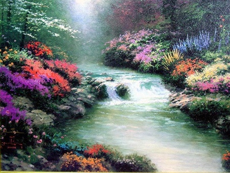 fantasy garden - flowers, river, fantasy, garden, painting, stream