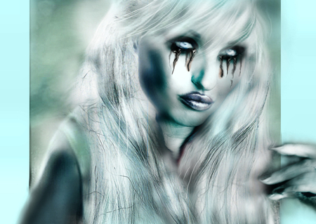 the snow white storm - tears, stare, eyes, fantasy, gothic, black, storm, cold, high, look, ice, original, fantasywonan, fantasy wallpaper, scifi, blonde woman, cry, snow, desktop nexus, white hair