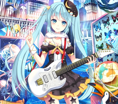 Miku - hatsune miku, guitar, hat, blue eyes, long hair, aqua hair, vocaloid, blush, dress