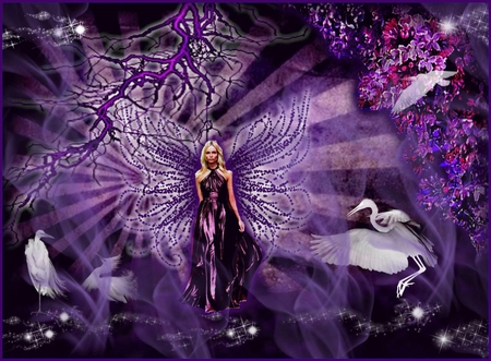 ANGEL - purple, female, angel, wings, dress, birds