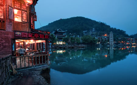 Fascinating town - lake, town, scenery, oriental, afternoon