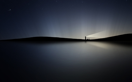 night light - night, black and white, lighthouse, stars