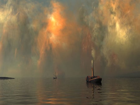 3D boats - sky, boats, clouds, water, island