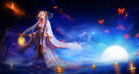 Kimono - moon, butterfly, girl, anime, night, kimono, fire