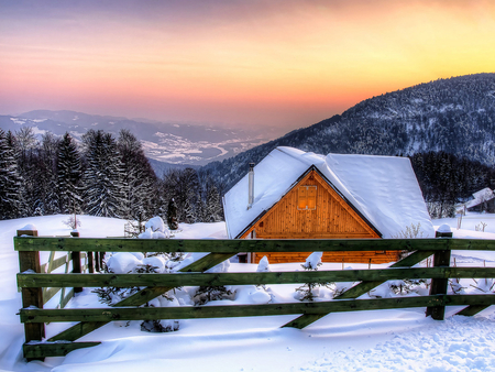 Colors of the winter - narure, fence, snow, winter, sunset, cabin