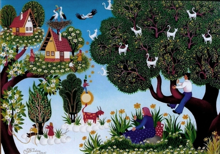 Koday Laszlo. White cats, red goat and the storks - cat, tree, painting, koday laszlo, art