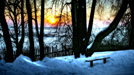 Winter Sun - splendor, landscape, snow, sunrise, winter splendor, view, bench, sky, sun, clouds, trees, winter, beautiful, snowy, winter sun, beauty, colors, lovely, fence, tree, nature, sunset, winter time, peaceful