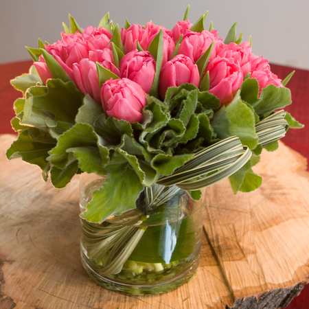 You make me blush - special, gift, tulips, bouquet, wonderful, forever, arrangement, green, fresh, fashion, present, ocasion, entertainment, precious, beautiful, together, deep pink, new