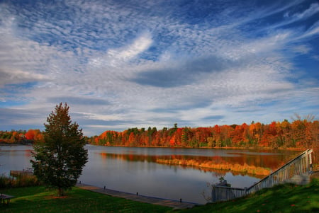 Autumn Colours - stairs, autumn, sky, trees, railing, dock, water, fall, clouds, table, afternoon, grass, picnic, cirrus, shore, colours, leaves