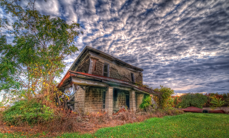 Fallen House - sky, old, fallen, house, tree, wood