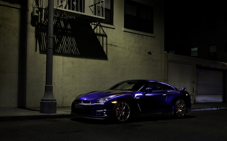 Nissan GTR on streets - violet, street, nissan, gtr