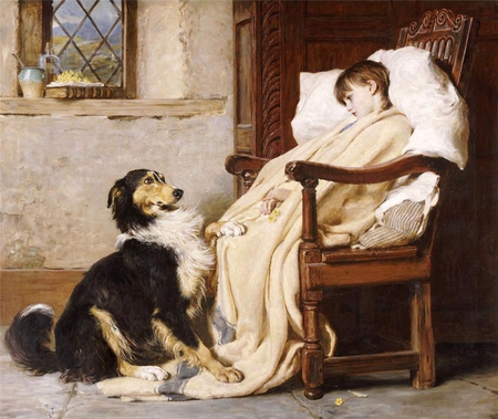 By Riviere (1840 - 1920) - painting, chair, art, people, boy, dog, riviere, animal