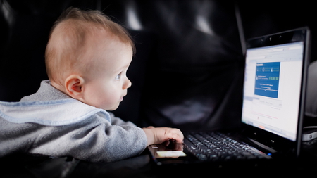 Jerry's I.T. Consultant - keyboard, computer, monitor, baby