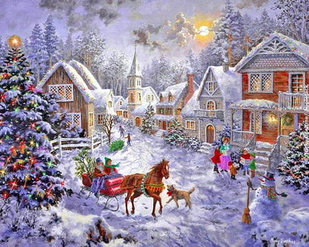 By Derk Hansen - winter, village, derk hansen, tree, painting, christmas, art