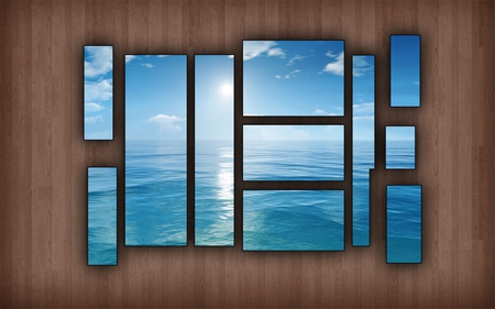 puzzled ocean view - frames, wood, ocean, paneled wall