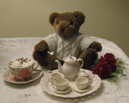 sweet tea time - flowers, cute, teddy bear, tea, sweet