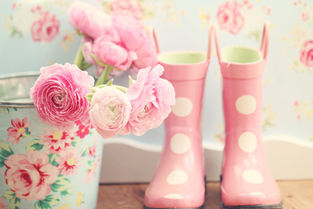 Flowers And Wellies - vintage, boots, soft, rose, flower, pink