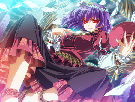 Yasaka Kanako - yasaka, red eyes, touhou, purple hair, dress