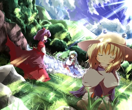 friends forever - girls, ice, calm, dresses, sun light, woods, anime, friends