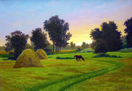 By Litvinenko GI *  A quiet warm evening - horse, litvinenko gi, field, painting, nature, sunrise, art