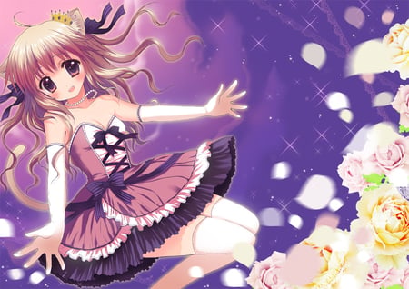 Anime - flowers, roses, anime, dress, girl, ribbon, bow