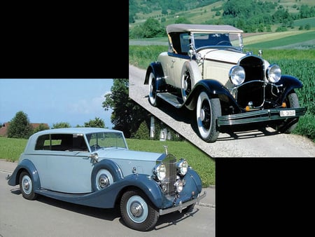 two classic cars - white, sky, trees, blue, road, old