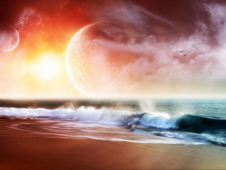 planet beach sunset - beach, clouds, sunset, planet, waves