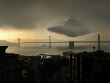 star destroyer over bridge - wars, star, water, ships, city, stardestroyer, bridge