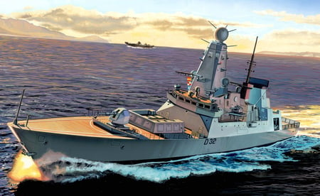 HMS Daring - hms, ship, boat, ocean, type, 45, drawing, painting, daring, art, destroyer