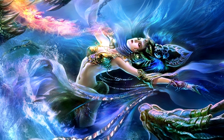 DANCING (DRAGON) QUEEN - water, beauty, girl, spray, art, fire, fantasy, fantasy girl, dragon