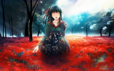 smile - anime, smile, girl, grass