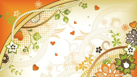 Flattery - flowers, hearts, orange, abstract, green