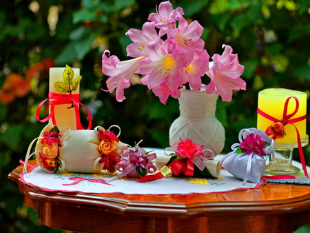 Still life - pretty, vase, delicate, summer, gifts, floral gift, refreshing, beautiful, table, spring, lovely, pink, still life, flowers, nature