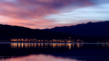 City lights - sky, lake, clouds, city, sunset, lights