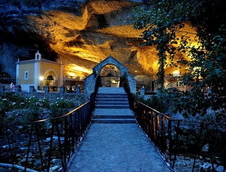 Night Time Prayers - pretty, trees, archway, beautiful, church, river, lights, bridge, gates, rocks