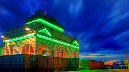 flourescent - view, sky, colours, clouds, sunset, house