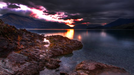 Cloudy sunset - sky, lake, mountains, storm, clouds, beautiful, dark, peaceful